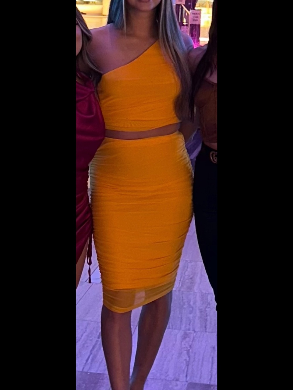 One-Shoulder Yellow Bodycon Skirt Set